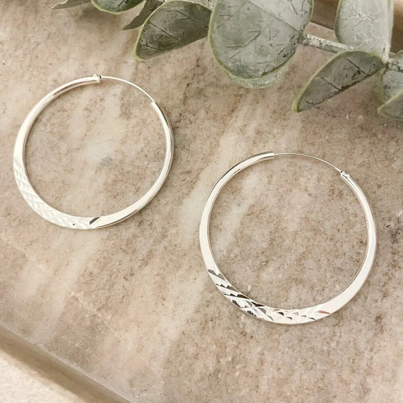 925 Sterling Silver Hoop Earrings Diamond Cut Textured Hoop Earrings - Picture 4 of 5